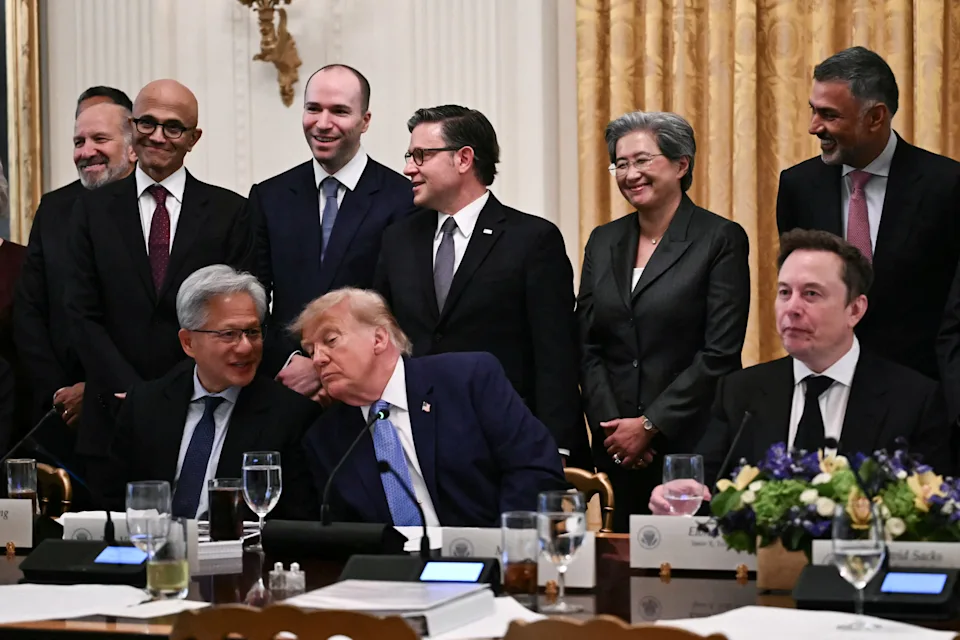 President Trump with Nvidia CEO Jensen Huang and other technology executives at a White House meeting on AI