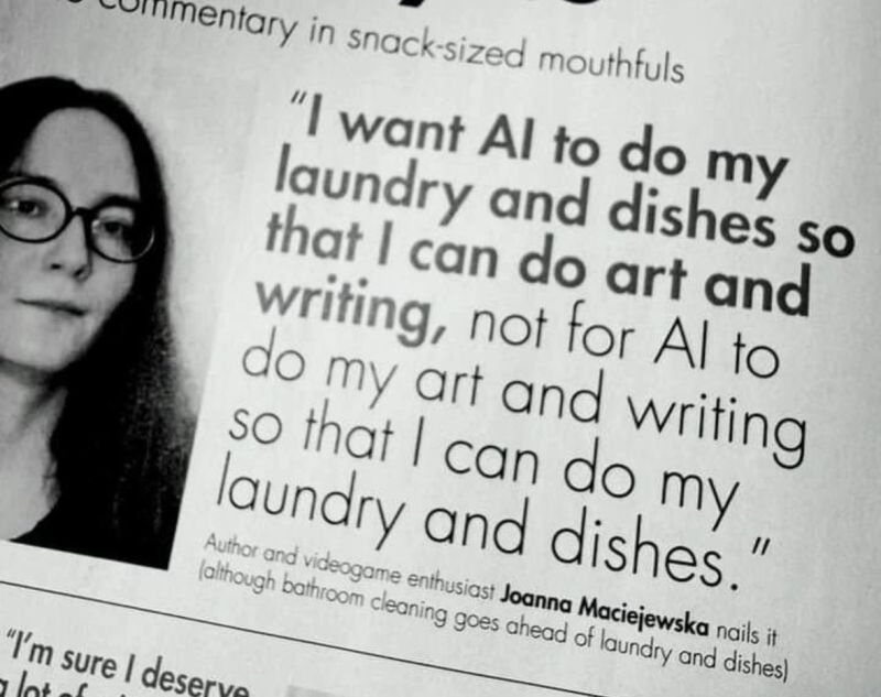 Magazine clipping of Joanna Maciejewska's quote about AI doing laundry and dishes
